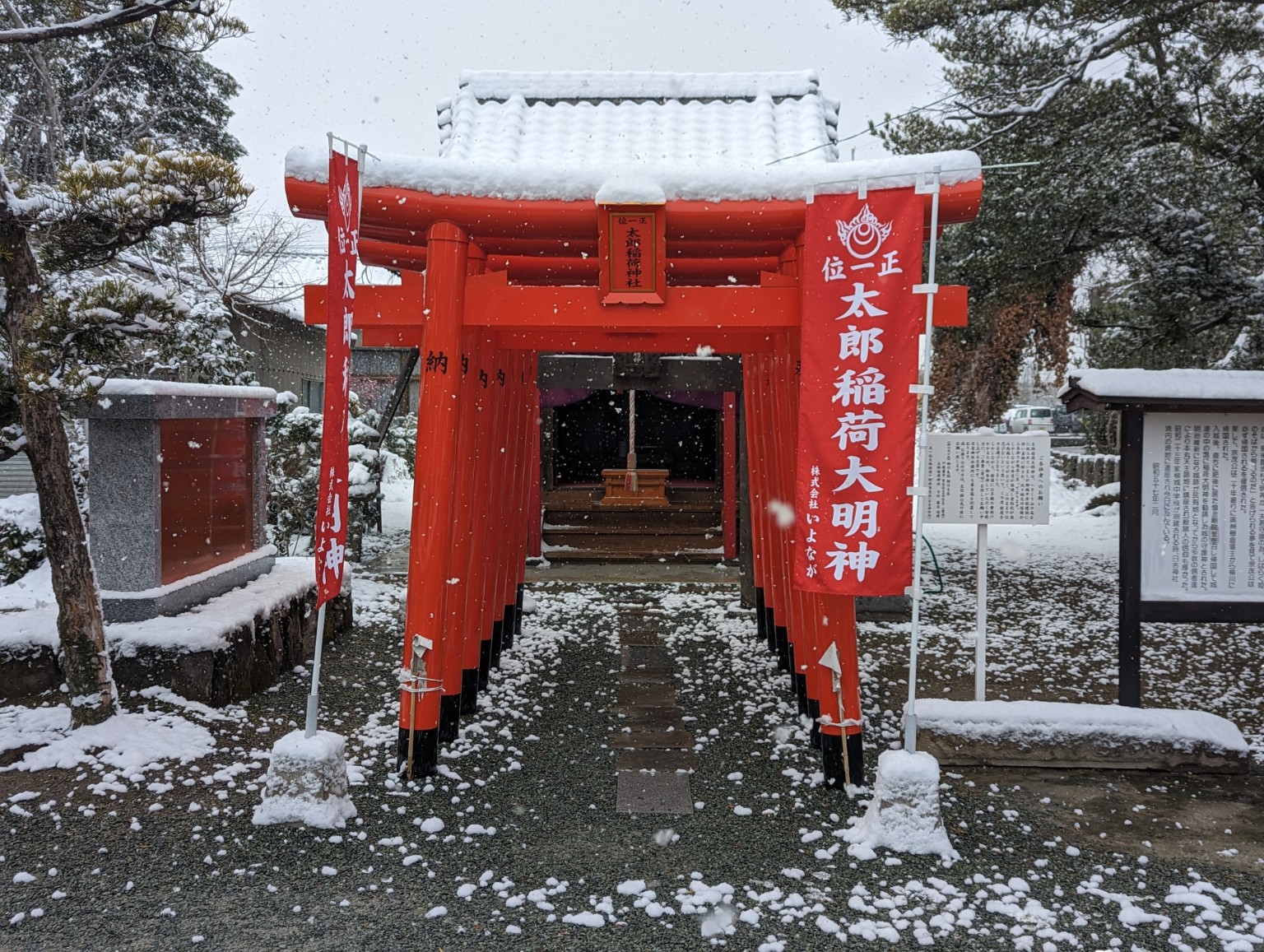 雪をまとった、太郎稲荷神社の朱色の鳥居